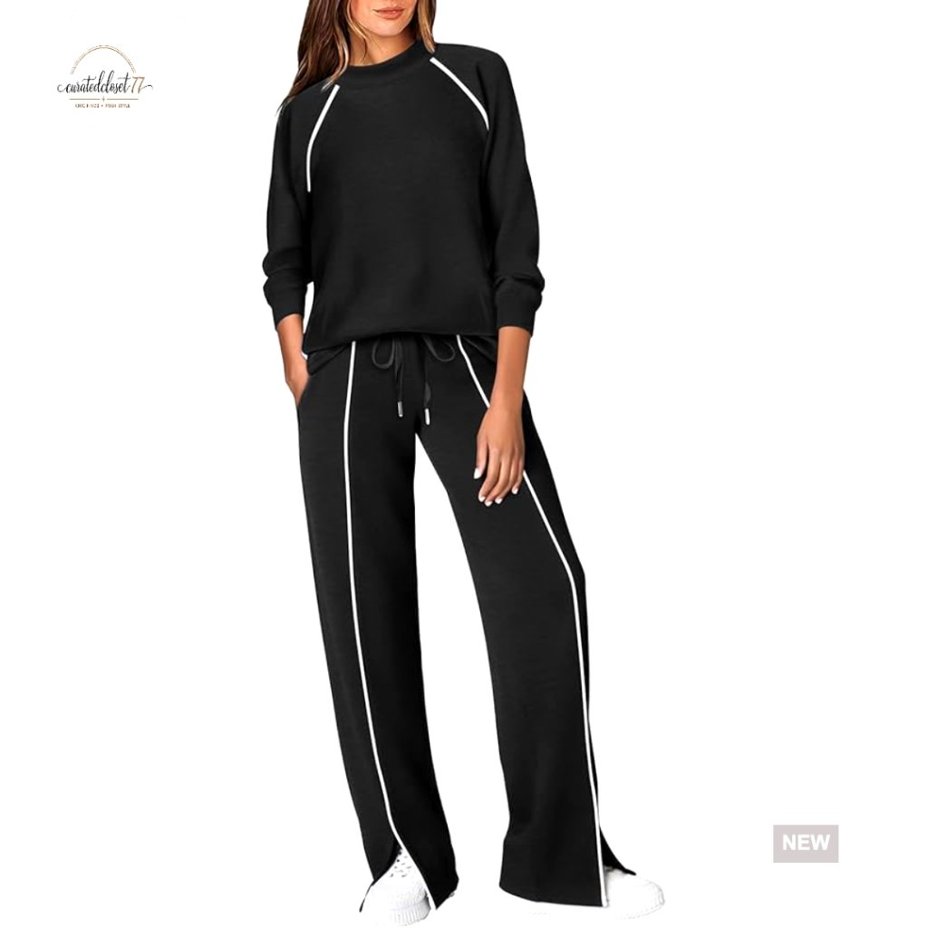2-Piece Lounge Set With Wide Leg Pants, Mock Neck Top, Pockets